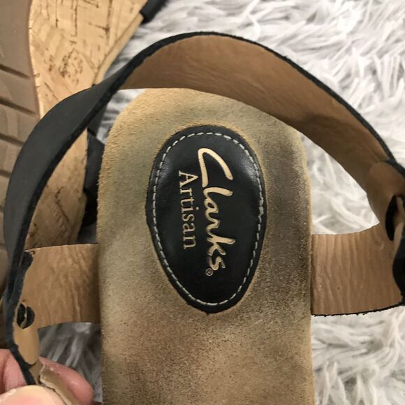 CLARKS ARTISAN BLACK LEATHER WEDGE CORK Straps SANDALS 10M - Picture 7 of 9
